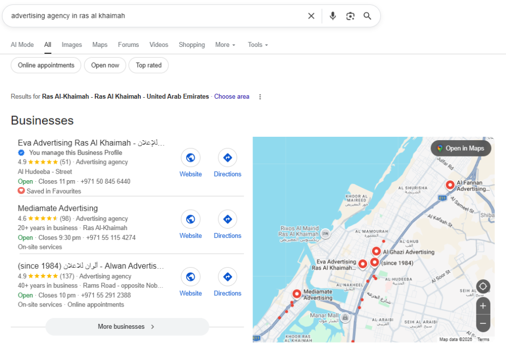 Eva Advertising ranking #1 for advertising agency in ras al khaimah