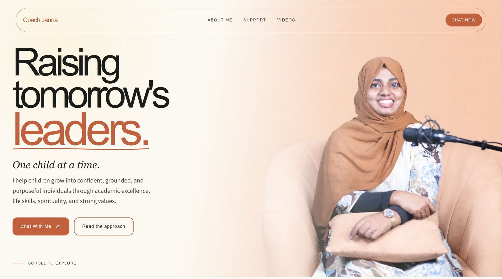 Coach Janna website homepage with a portrait and Raising tomorrow’s leaders headline