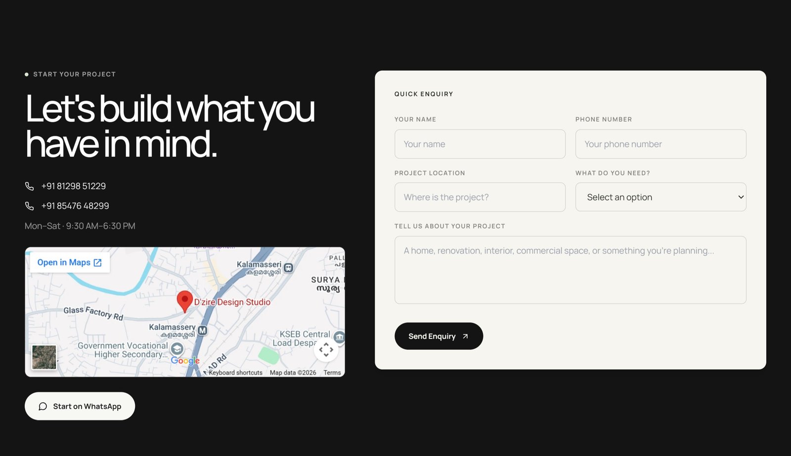 D’zire project enquiry form, location map, and WhatsApp call to action
